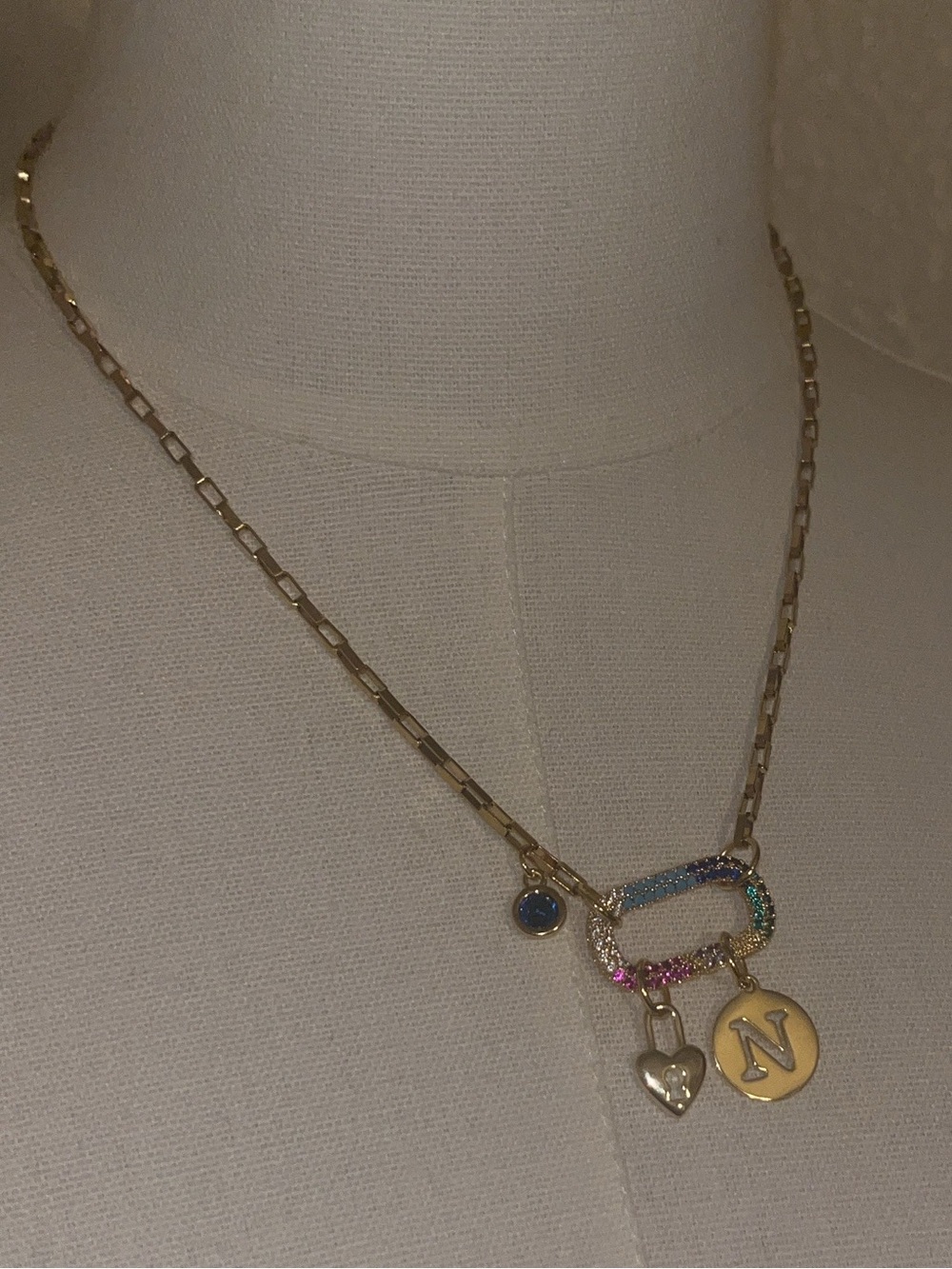 Gold Initial 'N' Charm Necklace with Multicolor CZ Loop, Heart & Green stone - Picture 3 of 5